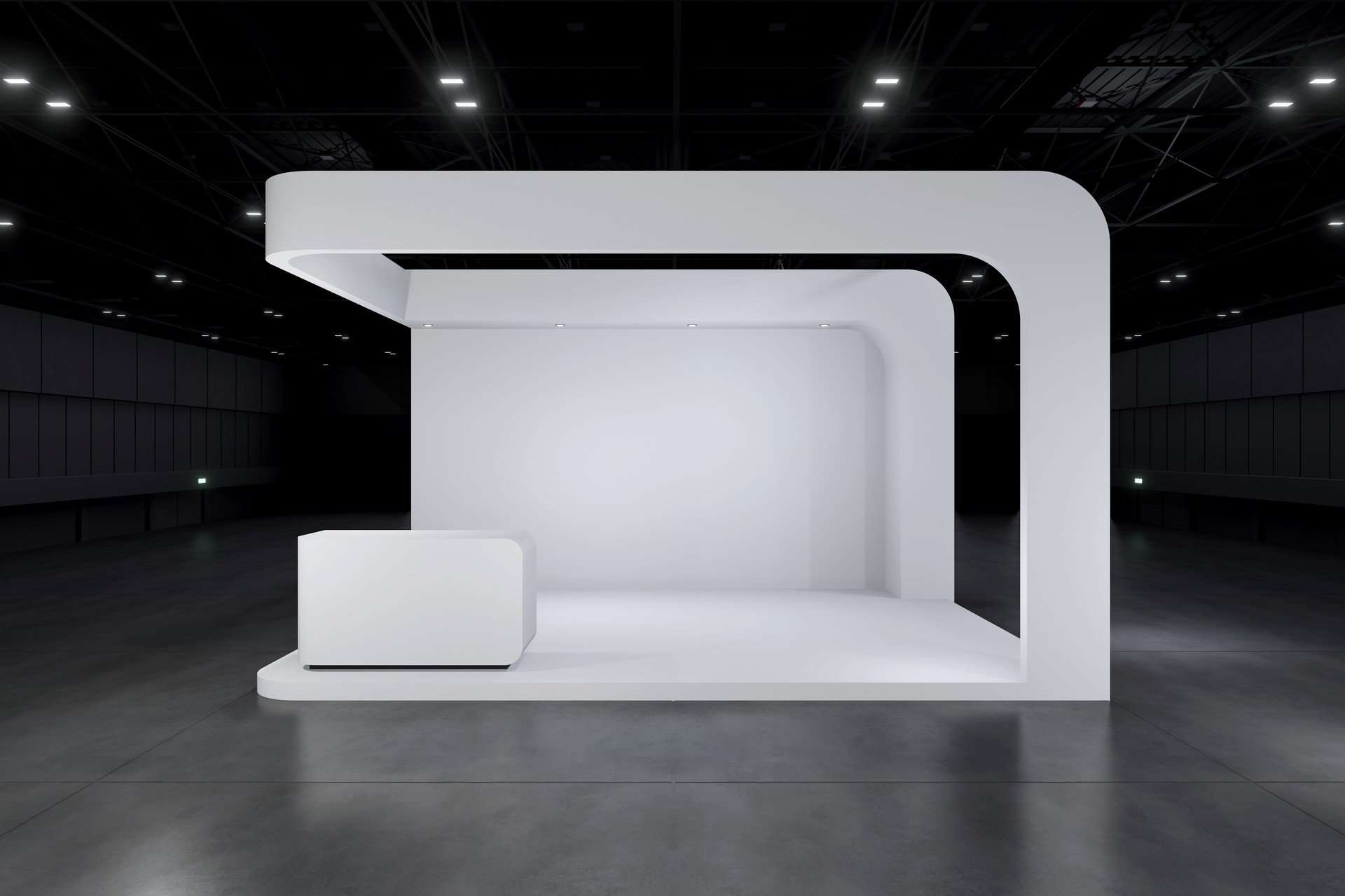 Exhibition stand for mockup and Corporate identity,Display design.Empty booth Design.Retail booth elements in Exhibition hall.booth Design trade show.Blank Booth system of Graphic Resources.3d Background for online Event,conference,live.3d render.