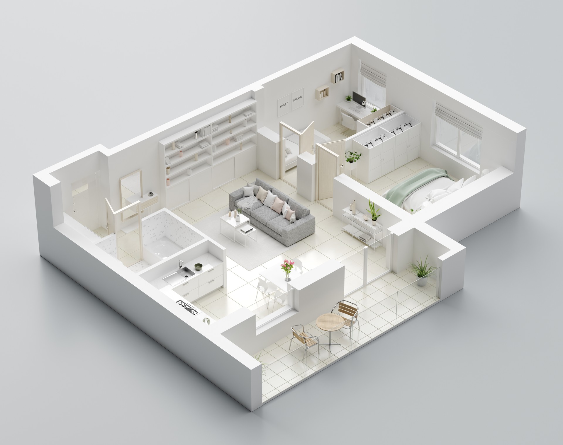 3D Floor plan of a home. Open concept living apartment layout